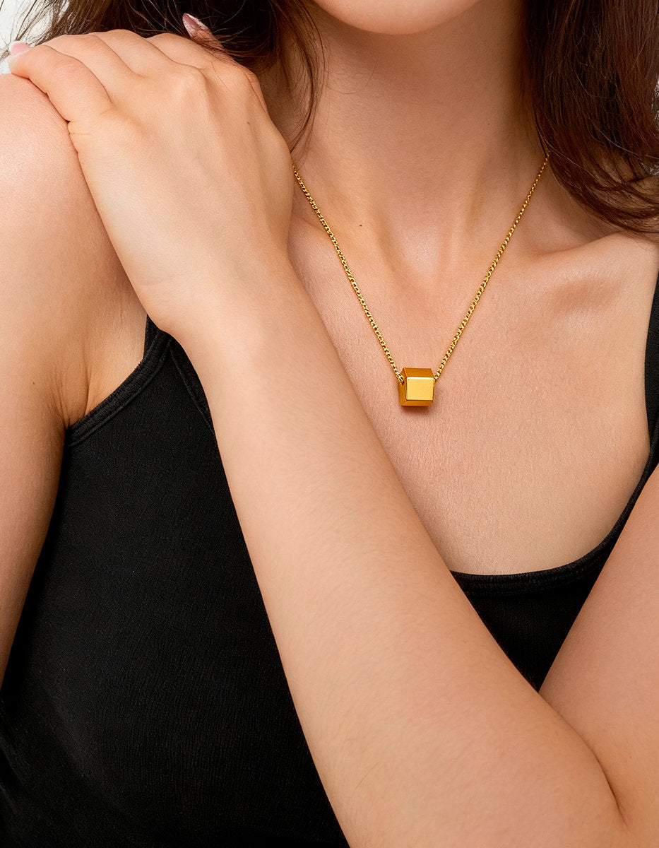 Mexican Geometry gold-plated cube necklace