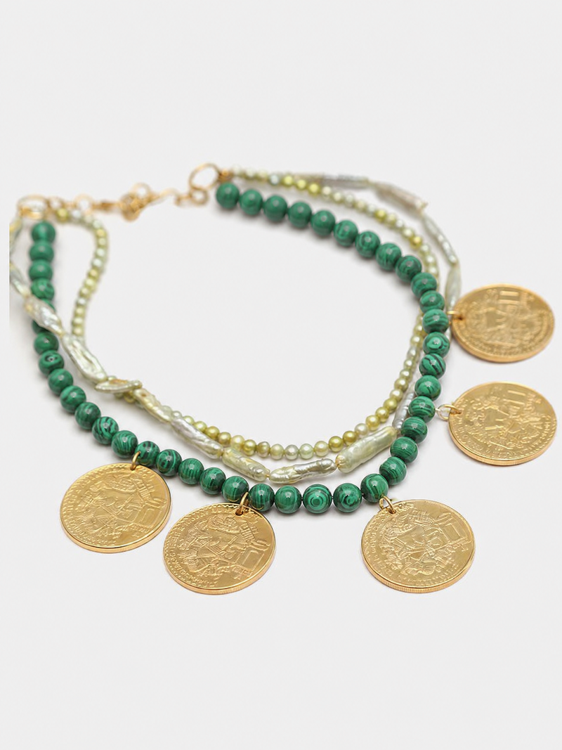 Memories 3-Strand 8mm Malachite, Green Pearl & 6-Coin Necklace