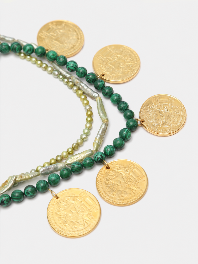 Memories 3-Strand 8mm Malachite, Green Pearl & 6-Coin Necklace