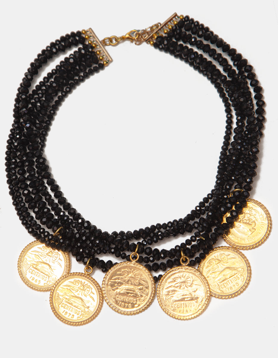 Memories 7-Strand Black Austrian Crystal & 6 Authentic Coins Necklace