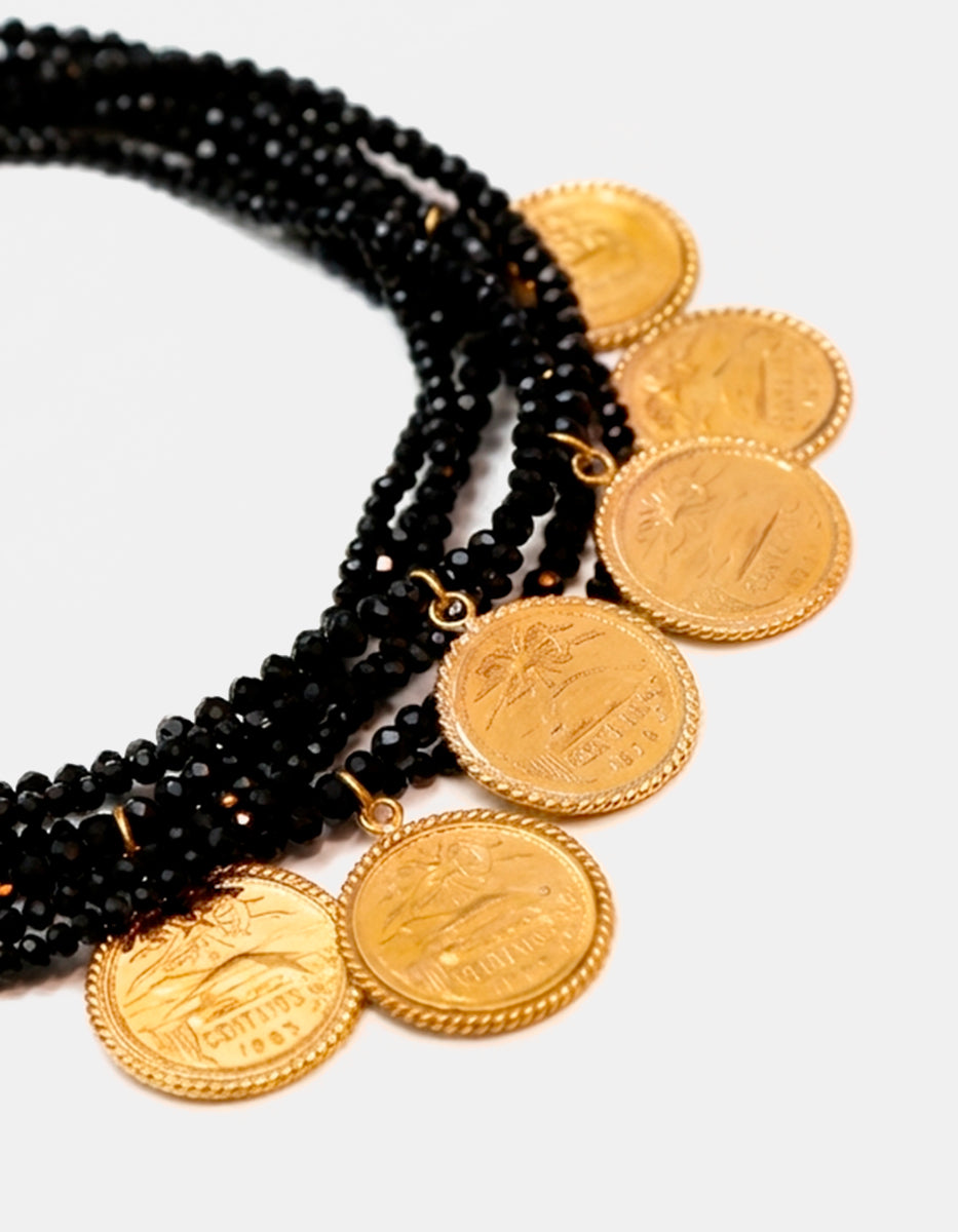 Memories 7-Strand Black Austrian Crystal & 6 Authentic Coins Necklace