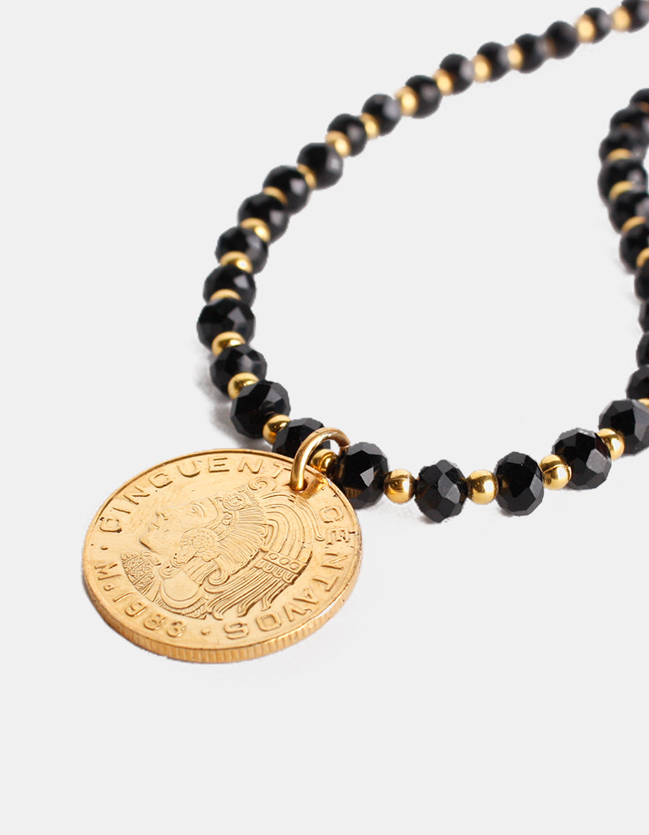 Memories Faceted Black Agates & Authentic Coin Necklace