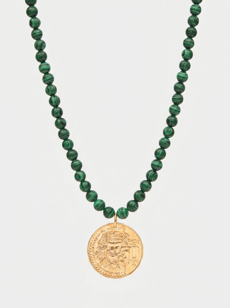 Memories Knotted 8mm Malachite & Vintage Coin Necklace