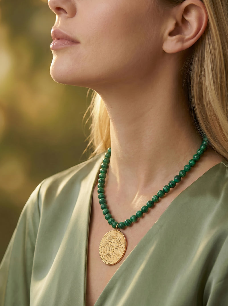 Memories Knotted 8mm Malachite & Vintage Coin Necklace