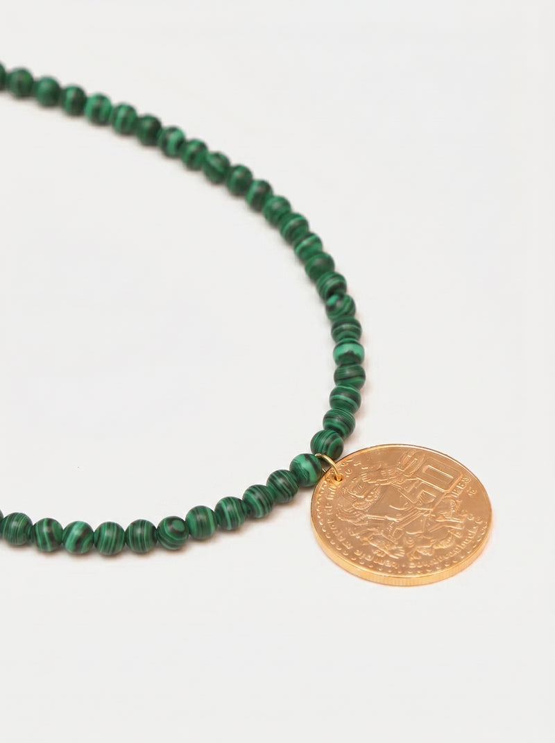 Memories Knotted 8mm Malachite & Vintage Coin Necklace