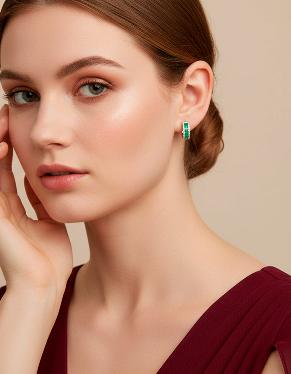 Eterna Silver rhodium plated & Bombay Emerald gem hoop earrings
