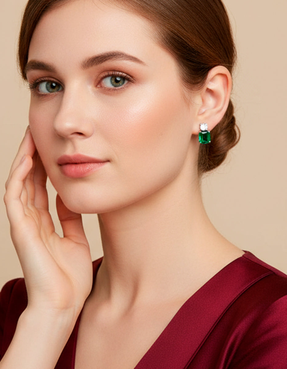 Eterna Silver rhodium plated & Bombay Emerald gem earrings