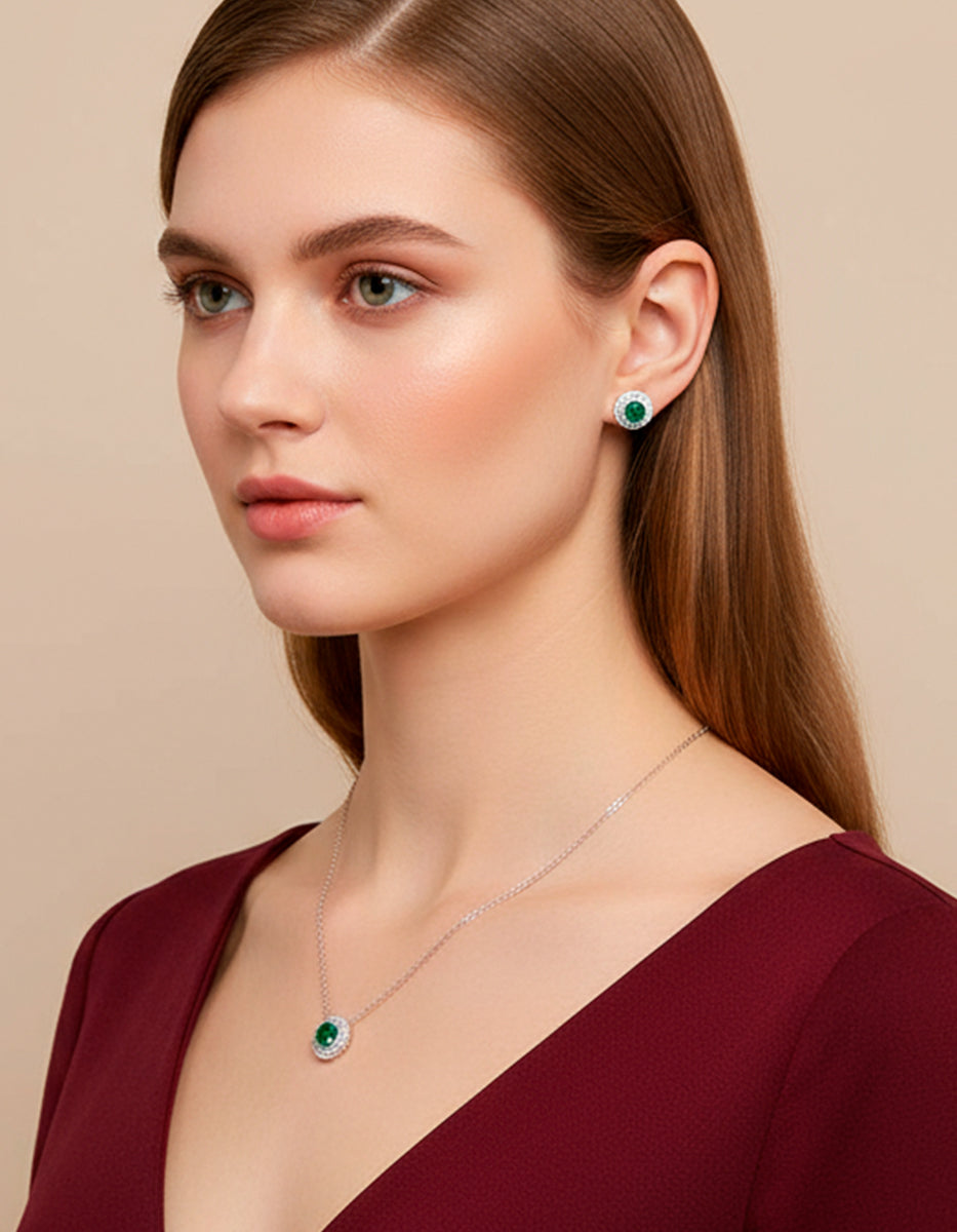 Eterna Silver rhodium plated & Bombay Emerald gem pendant & earrings set