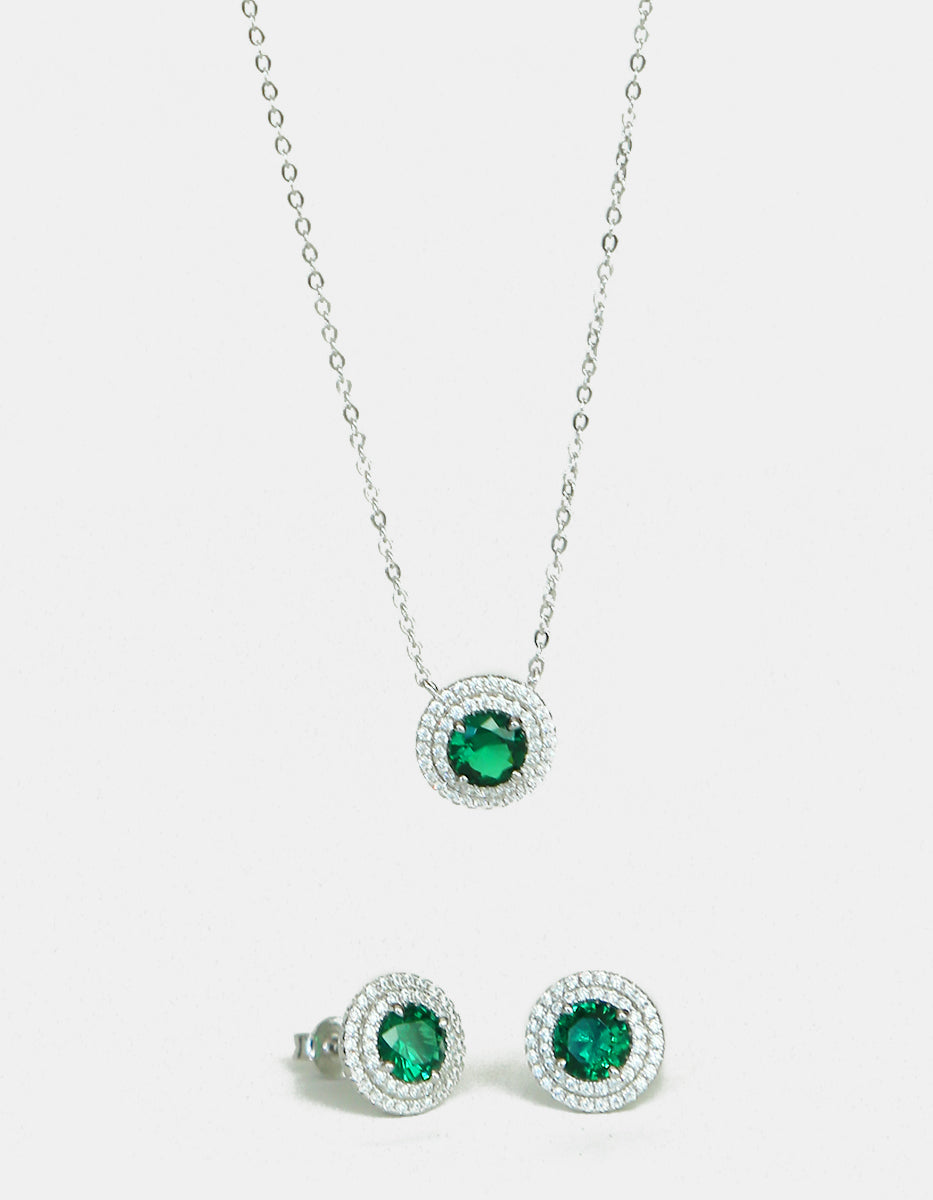 Eterna Silver rhodium plated & Bombay Emerald gem pendant & earrings set