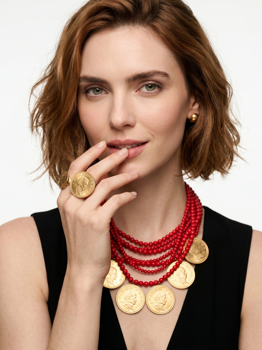 Memories 7-Strand Red Pearl & Vintage Coin Necklace