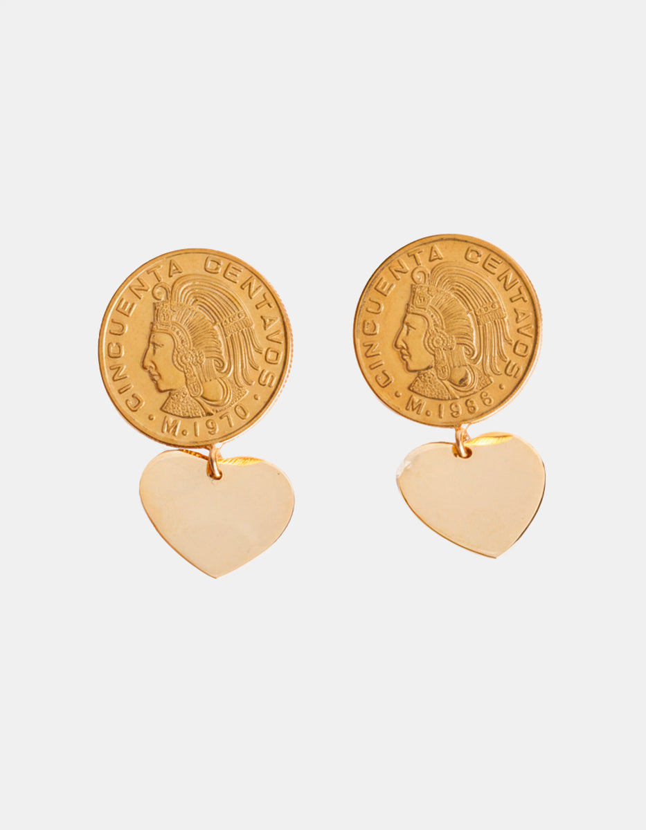Memories Authentic Mexican Coin & Heart Earrings