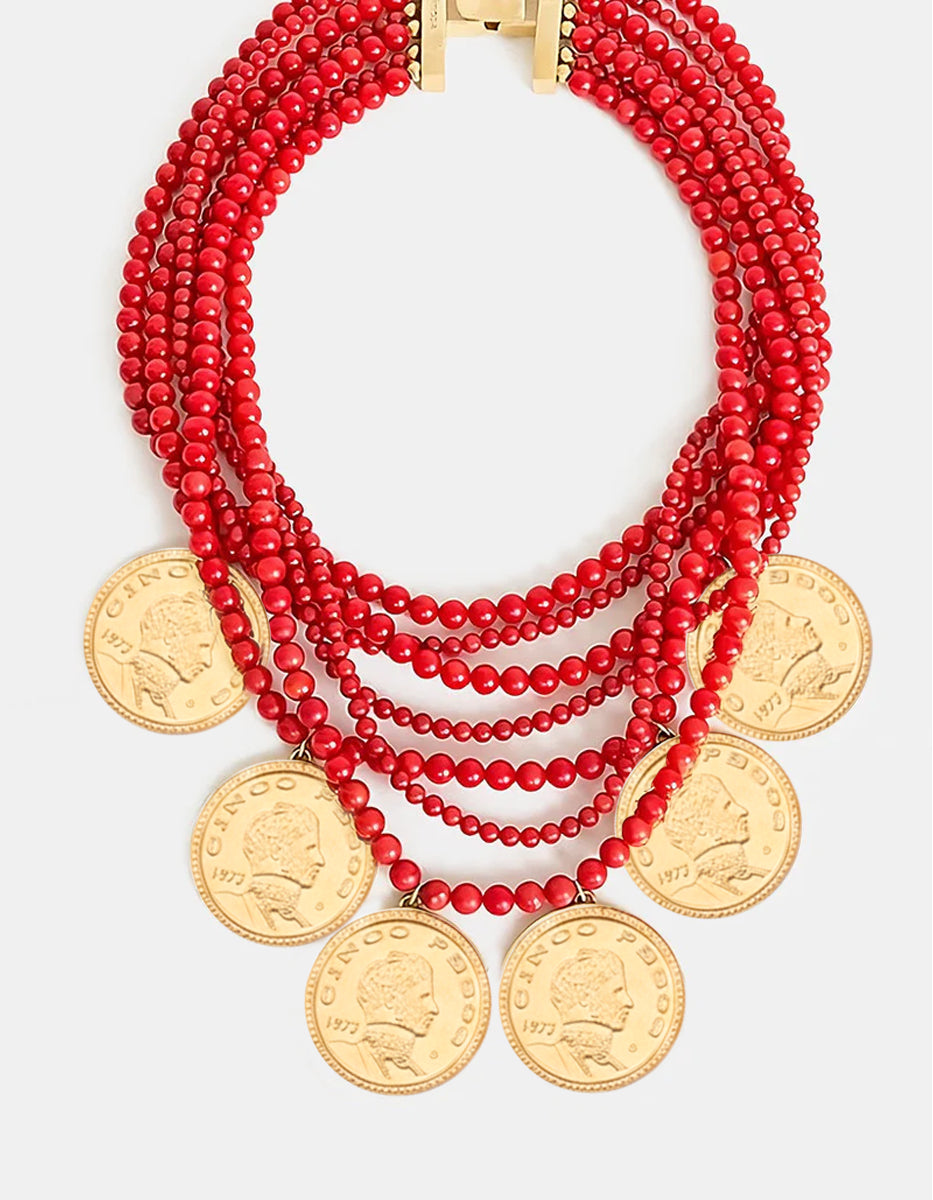 Memories 7-Strand Red Pearl & Vintage Coin Necklace